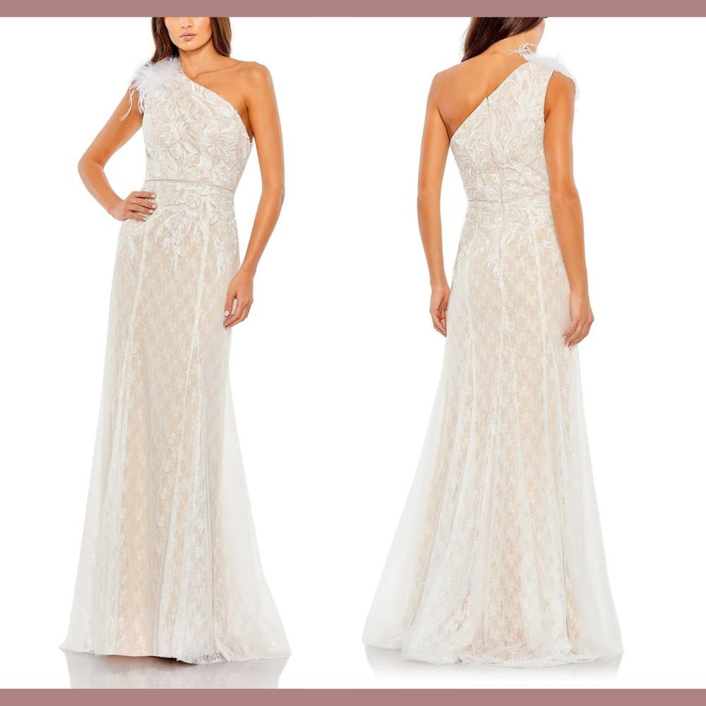 NEW $798 Mac Duggal [ 12‎ ] Lace Embellished Feather One Shoulder Gown Ivory - Picture 2 of 16